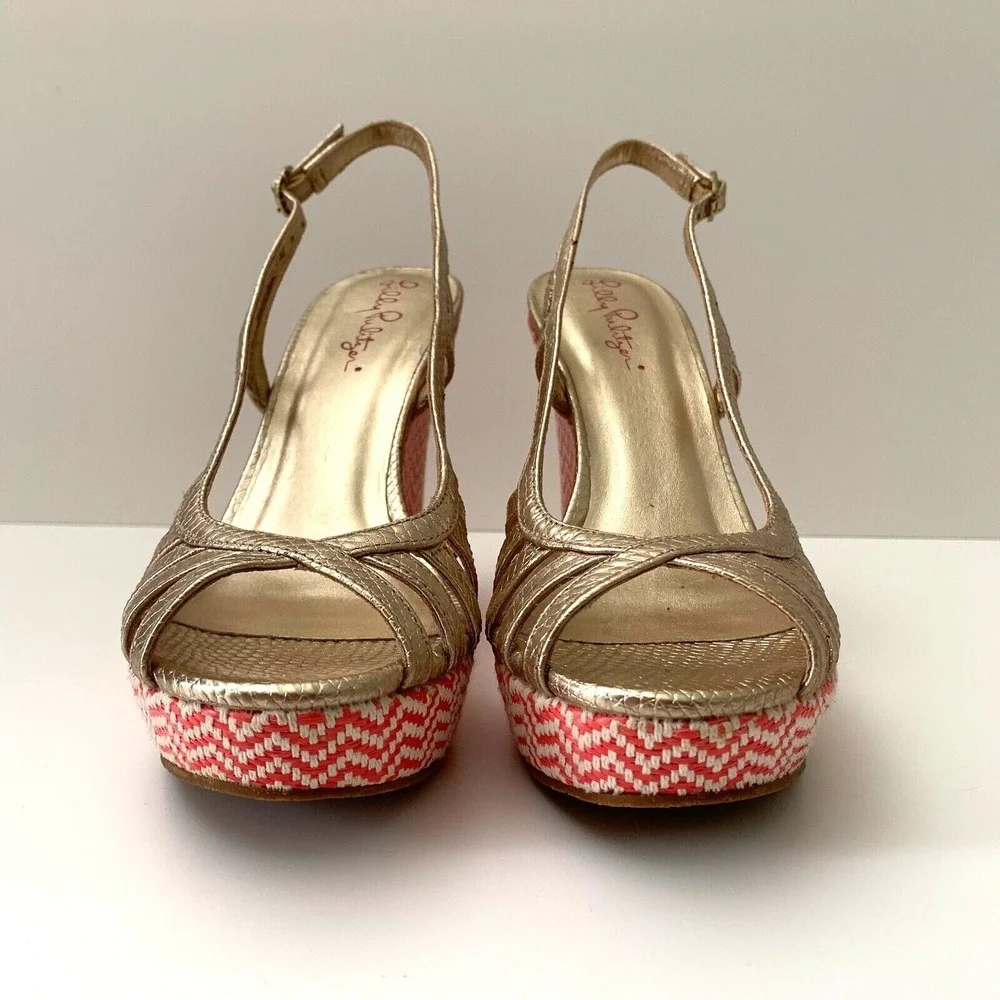 New‎ Lilly Pulitzer Sophie Gold Metallic Leather Raffia Wedge Platform Sandals 6